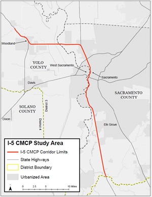 Map of the Interstate 5 Comprehensive Multimodal Corridor Plan study area between Sacramento and Yolo counties.