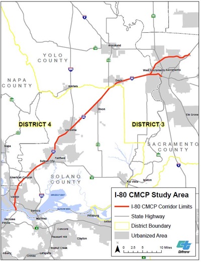 Map of proposed projects to improve travel on the Interstate 80 (I-80) corridor between Solano, Yolo, and Sacramento counties, including US 50 in Yolo County.