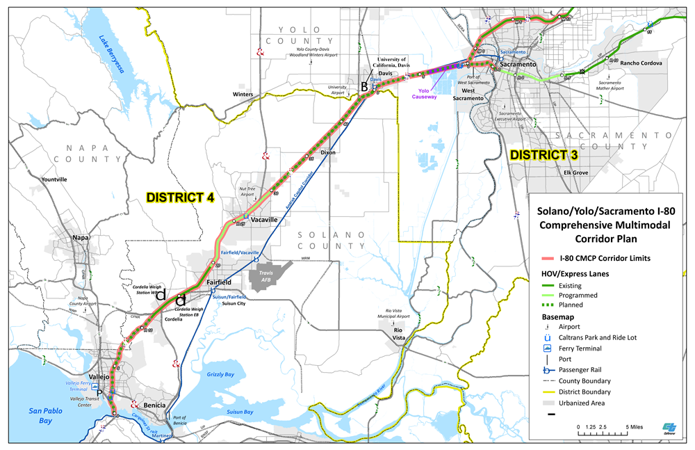 Overview map of Interstate 80 from the Carquinez Bridge in Solano County, through Yolo County and ending in Sacramento County that is included in the Comprehensive Multimodal Corridor Plan