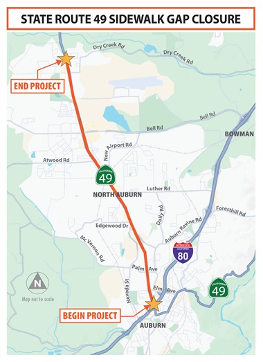 Caltrans construction map showing project limits of the State Route 49 Sidewalk Gap Closure Project within the City of Auburn in Placer County, between the junction with Interstate 80 to Dry Creek Road.