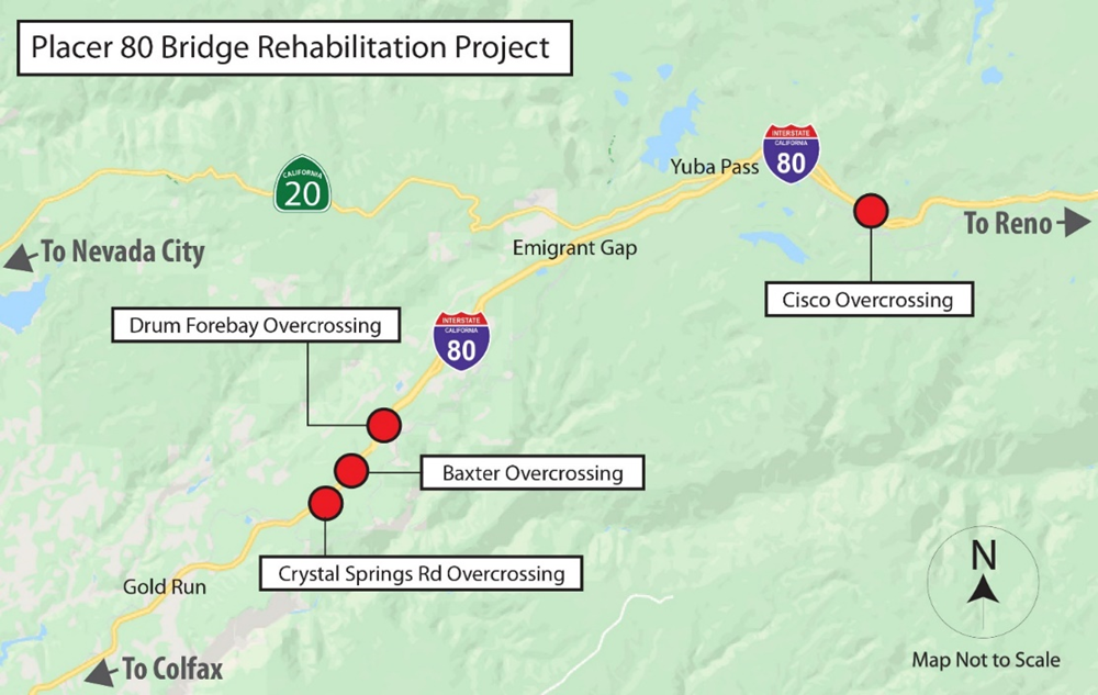 Map showing the location of four bridge overcrossings that are being demolished and rebuilt as part of the I-80 Bridge Rehabilitation Project. The $57 million project is replacing overcrossings in Placer County at Crystal Springs, Baxter, Drum Forebay and Cisco Grove.