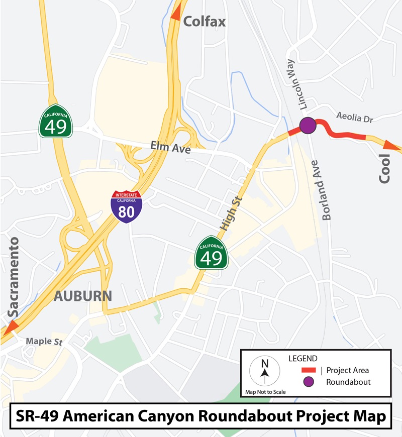 Map showing the location of the State Route 49 American Canyon Roundabout project in Auburn, south of the Interstate 80 separation. The project is realigning two curves along a quarter-mile segment and replacing a traffic signal at Lincoln Way/Borland Avenue with a roundabout.