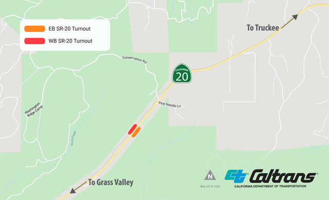 Map showing the location of a turnout project on State Route 20 in Nevada County. East- and westbound turnouts are being constructed just west of Conservation Road/Pine Needle Lane. 
