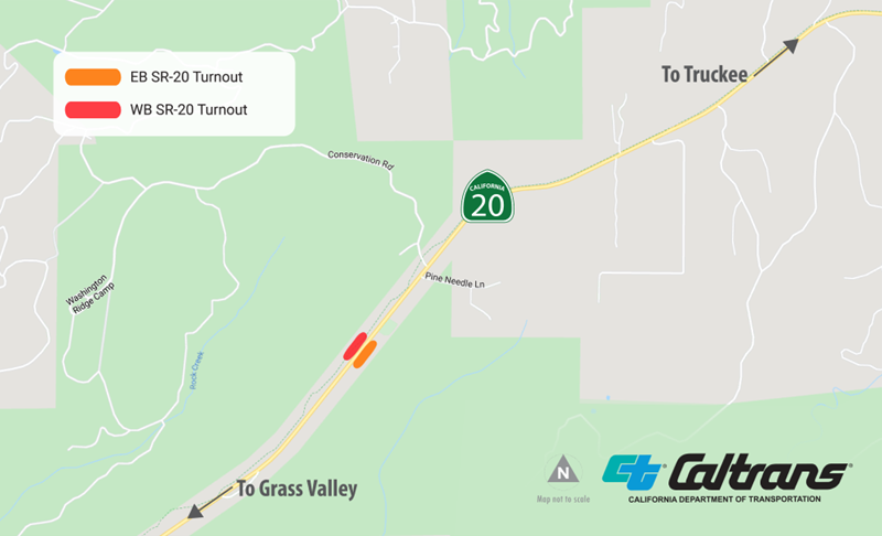 Map showing the location of a turnout project on State Route 20 in Nevada County. East- and westbound turnouts will be constructed just west of Conservation Road and Pine Needle Lane. 