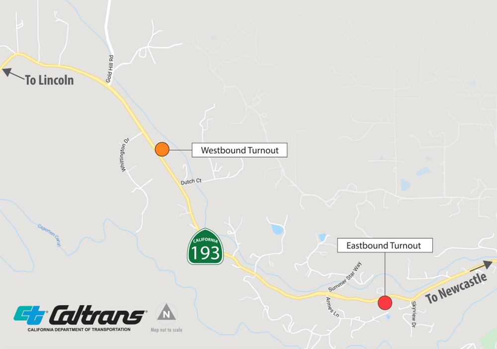 Map showing the locations of two turnouts on State Route 193 in Placer County. A westbound turnout will be construction just east of Whittington Drive and an eastbound turnout will be added between Summer Star Way and Skyview Drive.