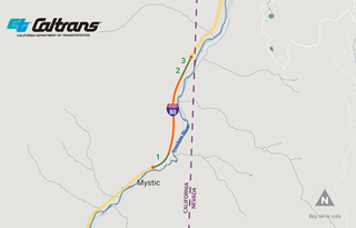 Map showing the location of a rockfall project on I-80 westbound in Nevada and Sierra County. The project has three locations that are just west of the California-Nevada border and just east of Mystic.