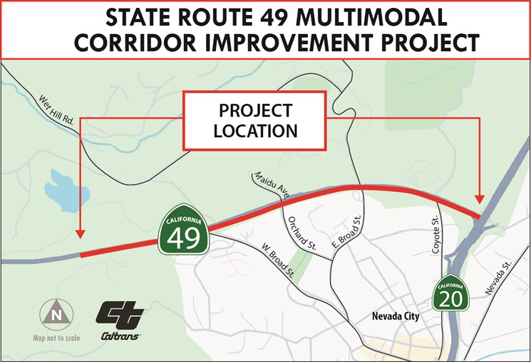 Project map showing the limits of the State Route 49 Multimodal Corridor Improvement Project between the Nevada County Juvenile Hall driveway to State Route 20.