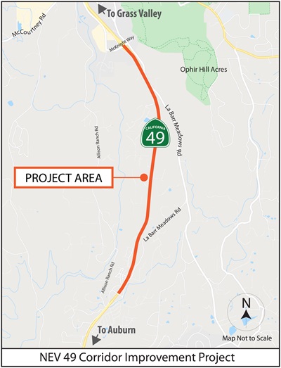 Map showing the project limits for the State Route 49 Corridor Improvement Project between Allison Ranch Road/La Barr Meadows Road to the McKnight Way interchange.