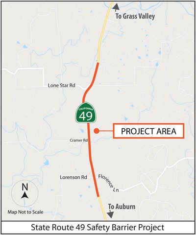 Map showing Safety Barrier Project limits along State Route 49 within Placer County
