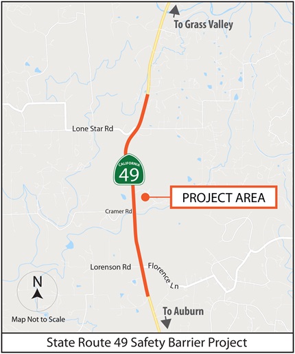 Map showing Safety Barrier Project limits along State Route 49 within Placer County