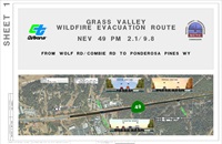 Sheet one of the Grass Valley Wildfire Evacuation Project, showing a legend, abbreviations used, a cross section of the existing highway, a cross section of the proposed highway conditions and an aerial photograph of the project beginning, near Wolf Road and Combie Road intersection with State Route 49. Another cross section of the proposed highway conditions is shown with traffic in a hypothetical evacuation scenario.