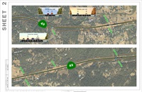 Sheet two of the Grass Valley Wildfire Evacuation Project, showing a cross section of the existing highway, a cross section of the proposed highway conditions in normal traffic flow and a cross section of the proposed highway conditions with traffic in a hypothetical evacuation scenario, and an aerial photograph of the project from south of Brewer Road intersection with State Route 49 to just north of Shady S Lane and Cerrito Road intersections with State Route 49. 