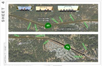 Sheet four of the Grass Valley Wildfire Evacuation Project, showing a cross section of the existing highway, a cross section of the proposed highway conditions in normal traffic flow and a cross section of the proposed highway conditions with traffic in a hypothetical evacuation scenario, and an aerial photograph of the project from south of Round Valley Road intersection with State Route 49 to the end of the project just north of La Barr Meadows Road intersection with State Route 49.