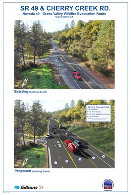 A comparison of an elevated view looking south on State Route 49 in a photo of the existing highway at the Cherry Creek Road intersection with a simulated image of the proposed highway with the proposed wider shoulders and added center turn lane.  A fire engine is depicted turning left from the added center turn lane, showing other southbound traffic unimpeded.