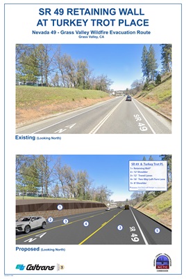 A comparison of a driver’s view looking north on State Route 49 in a photo of the existing highway at just south of Turkey Trot Place intersection with a simulated image of the proposed highway with the proposed wider shoulders and added center turn lane, with a depiction of the earth retaining wall along the southbound shoulder.