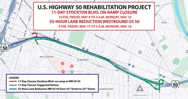 US 50 rehab project map showing closure and detour routes