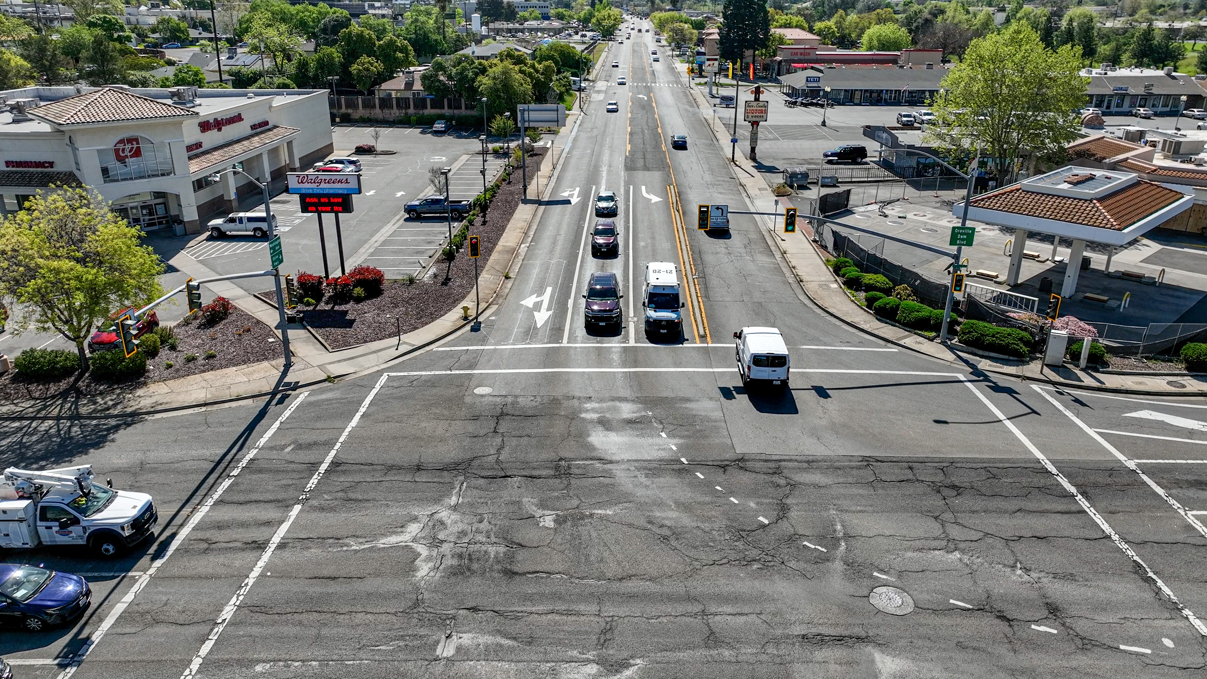 drone picture of the intersection at Olive Ave and highway 162 before the project begins. 