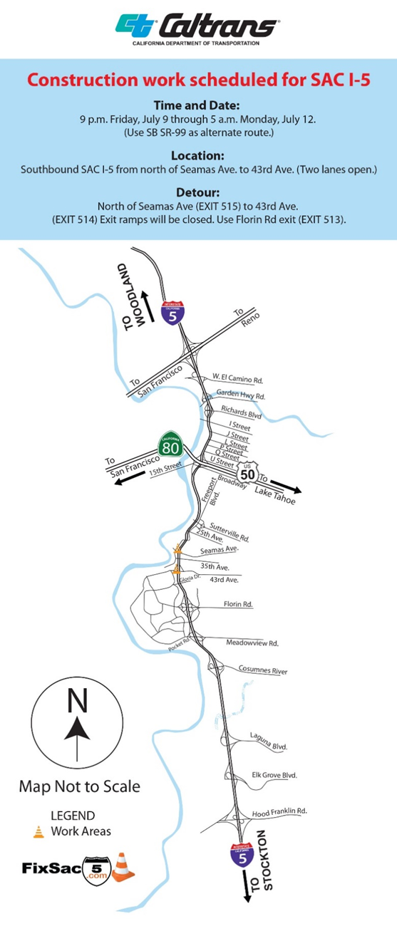 Map of Sacramento Interstate 5 Construction Work