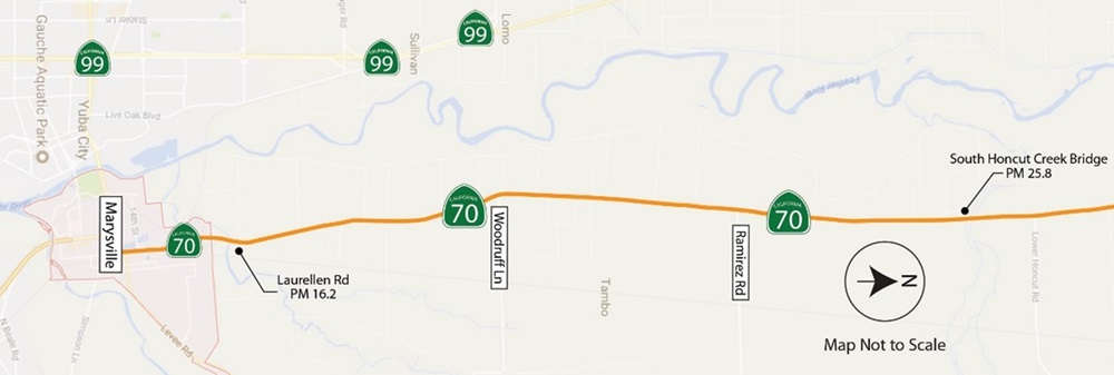 Map of State Route 70 Safety Improvement and Passing Lanes Project in Yuba County