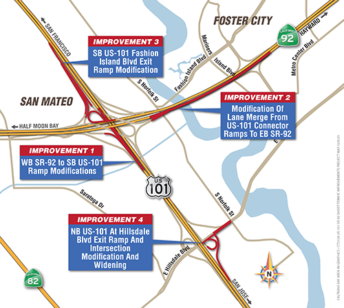 Project area map for the US 101/SR 92 Interchange Area Improvements Project in San Mateo County. Improvement 1: WB SR-92 to SB US-101 Ramp Modifications. Improvement 2: Modification of Lane Merge From US-101 Connector Ramps to EB SR-92. Improvement 3: SB US-101 Fashion Island Blvd Exit Ramp Modification. Improvement 4: NB US-101 At Hillsdale Blvd Exit Ramp And Intersection Modification And Widening.