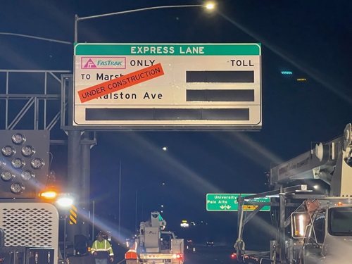 A newly-installed overhead variable toll message sign south of Whipple Avenue map