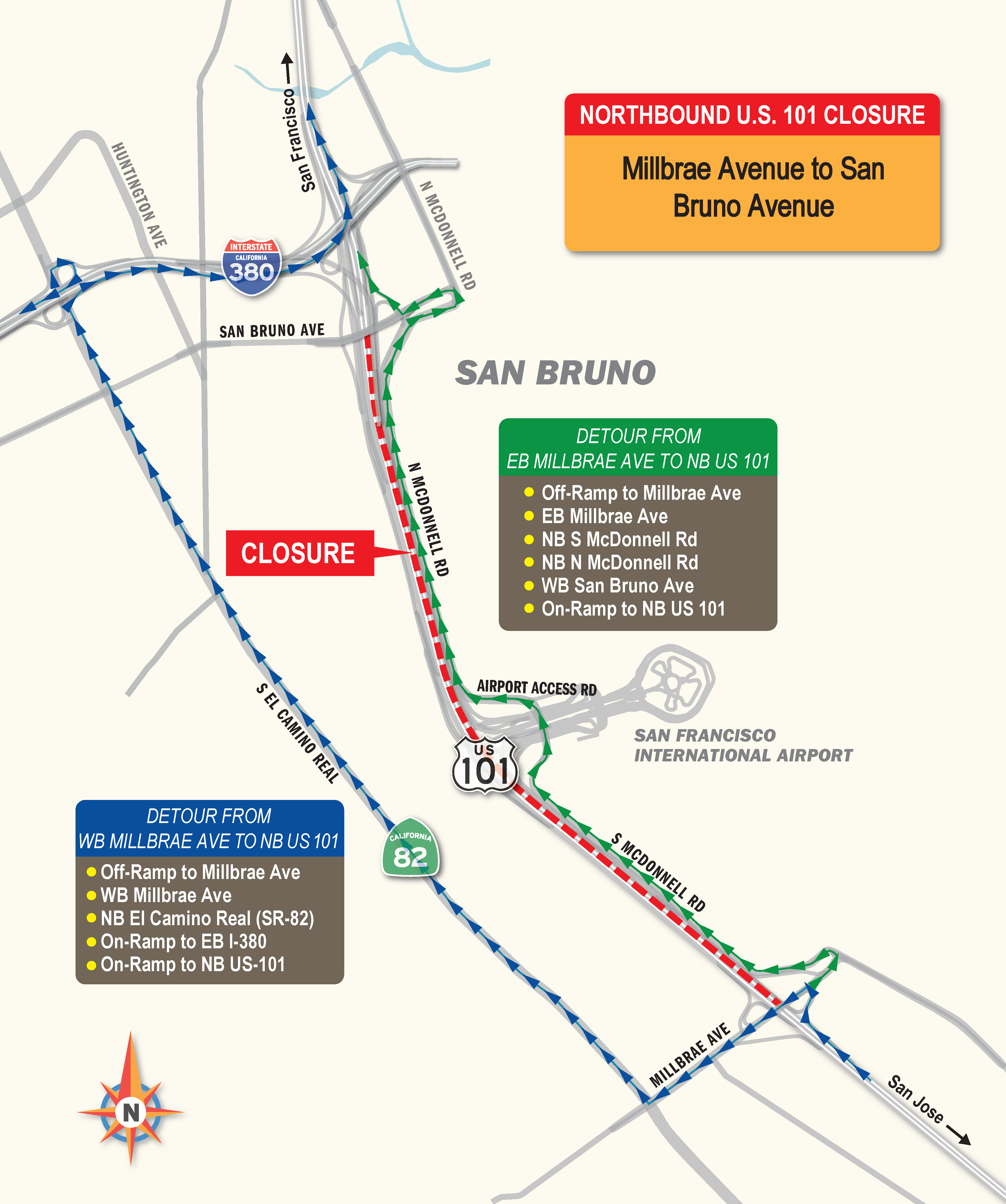 Map showing closure and detour route on the freeway.