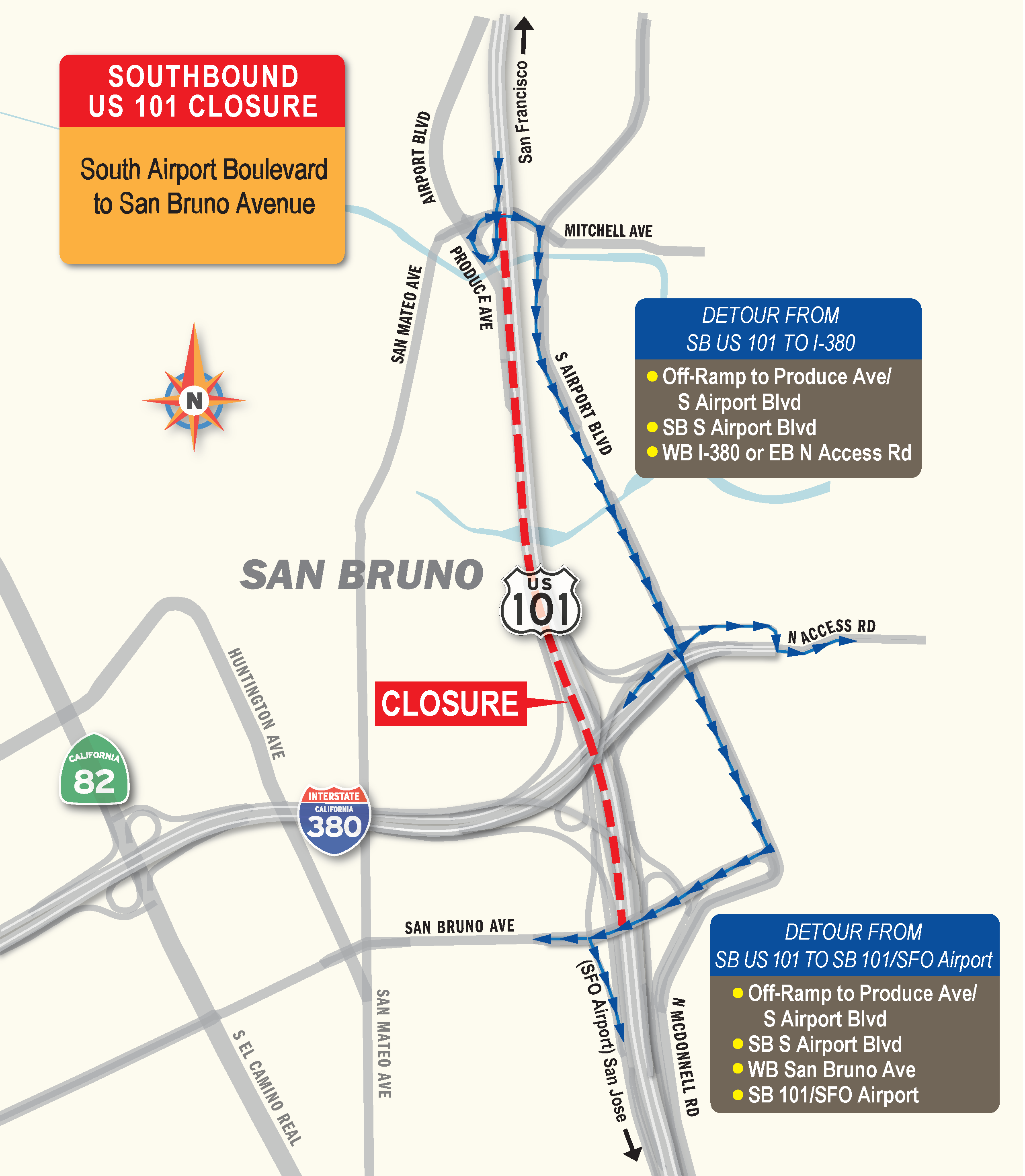 Map showing closure and detour route on the freeway.