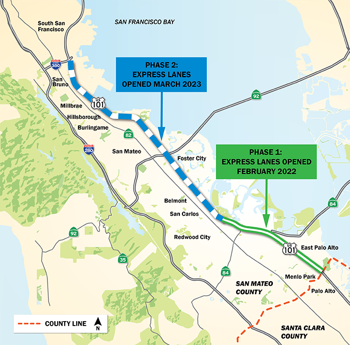Map shows that the segment from the San Mateo/Santa Clara County line to Whipple Avenue opened in February 2022 and the segment from Whipple Avenue to I-380 opened in March 2023.