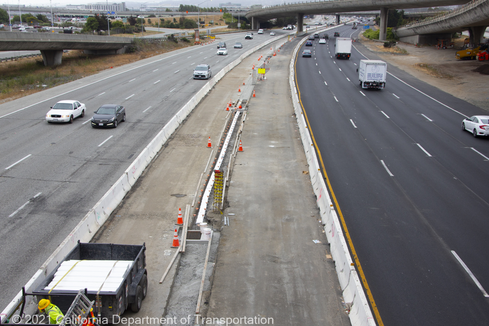 Drivers using the freshly paved southbound U.S. 101 lanes north of Broadway (pictured right). Construction crews are currently repaving the northbound lanes (pictured left).