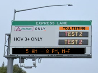 The image shows a variable toll message sign during toll testing. There is an HOV 3+ ONLY overlay and the signs indicate a test is underway.