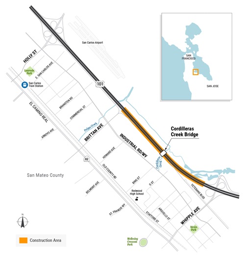 Mapa ng lugar ng proyekto ng Pagpapalit ng Cordilleras Creek Bridge Replacement sa Highway 101 sa County ng San Mateo.