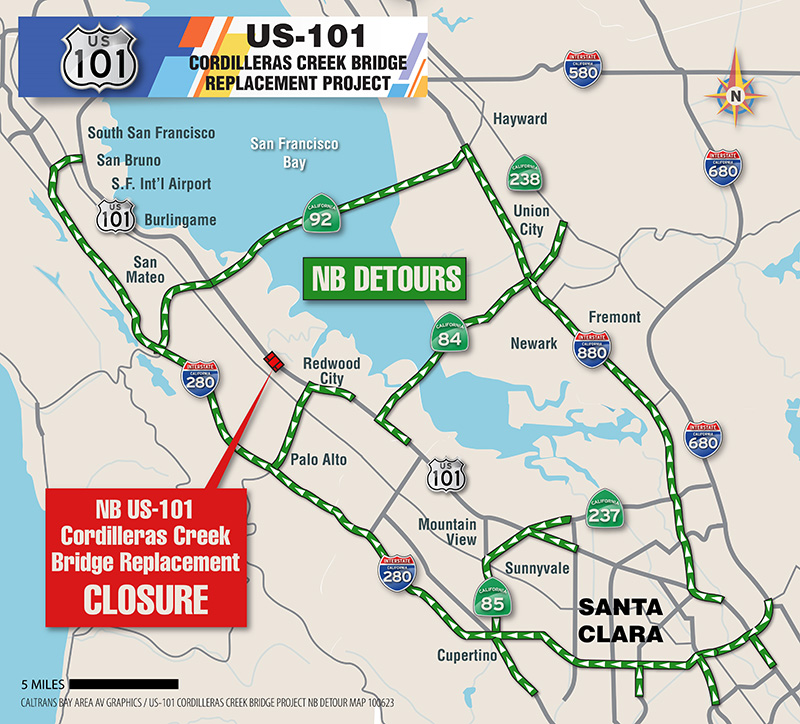 Map showing regional detour options during closures of northbound US-101 at Cordilleras Creek in San Mateo County.