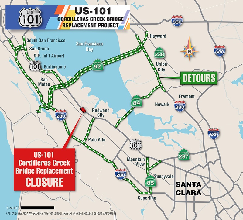 Map showing regional detour options during closures of US-101 at Cordilleras Creek in San Mateo County.