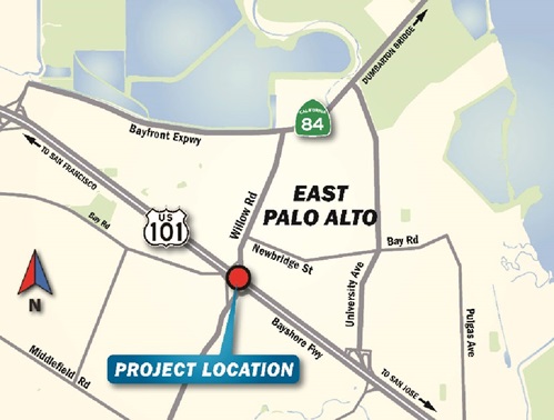 Map of East Palo Alto containing project location, near US101 and Willow Road.