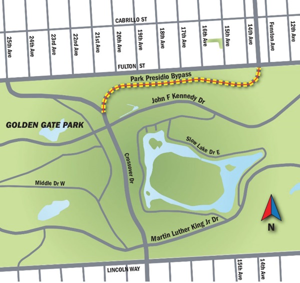 Map of Golden Gate park displaying where the median will be replaced