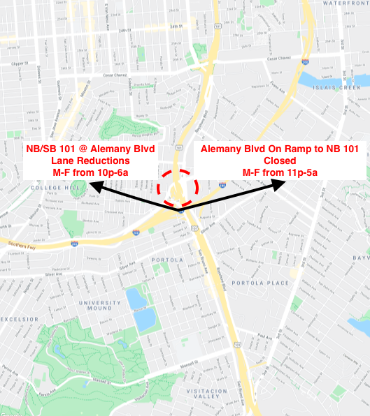 09-14-2020 101 Alemany Project Overnight Lane And Ramp Closures map