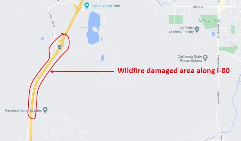 2020-09-04 ramp closures on Interstate 80 near Vacaville as crews begin fire recovery map