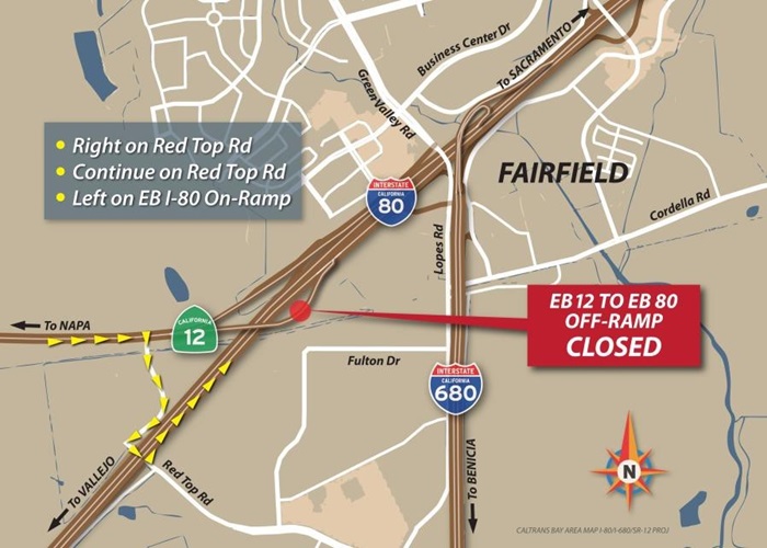 2020-11-11 Eastbound State Route 12 at Red Top Road Fairfield Nighttime Full Highway Closure Detours map