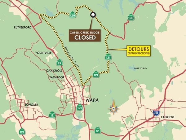 Closure State Route 128 Capell Creek map