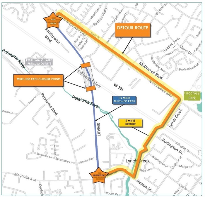 Map Caltrans to Close Bike/Pedestrian Path for Hwy 101 Project in Petaluma