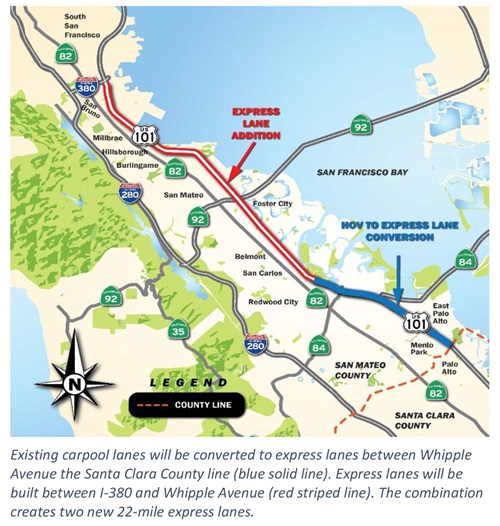 101 Express Lanes Project Map. Existing carpool lanes will be converted to express lanes between Whipple Avenue the Santa Clara County line (blue solid line). Express lanes will be built between I-380 and Whipple Avenue (red striped line). The combination creates two new 22-mile express lanes. 