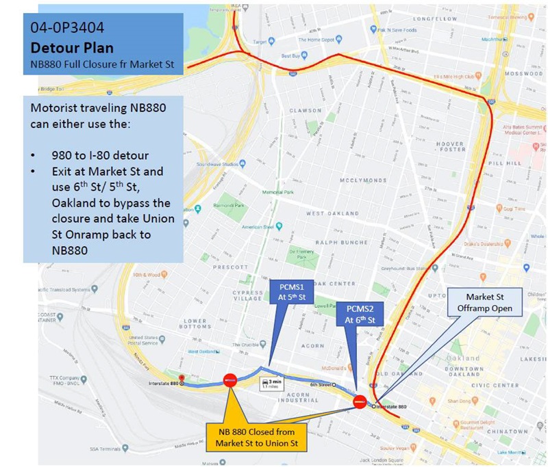 Northbound I-880 Overnight Closures in Oakland Between Market and Union Map