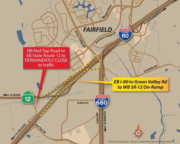 NB Red Top Road at State Route 12 to permanently close map