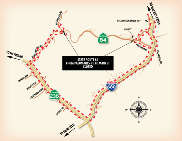 Full Closure of State Route 84 in Niles Canyon between Palomares Road in Fremont to Main Street in Sunol in Late July 2021 map