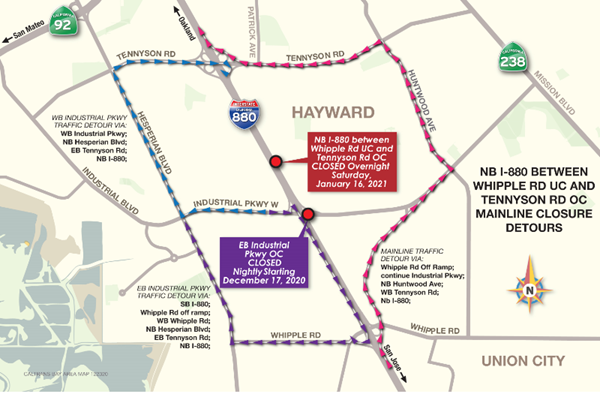 northbound i-880 full overnight closure between whipple road and industrial parkway saturday, january 16, 2021