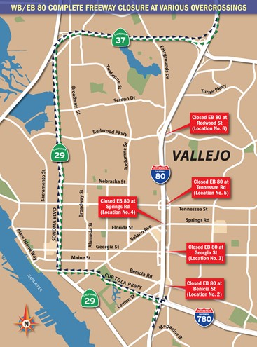 Map of the detour route for the I-80 overnight closures in Vallejo on June 19 and 20, 2022.