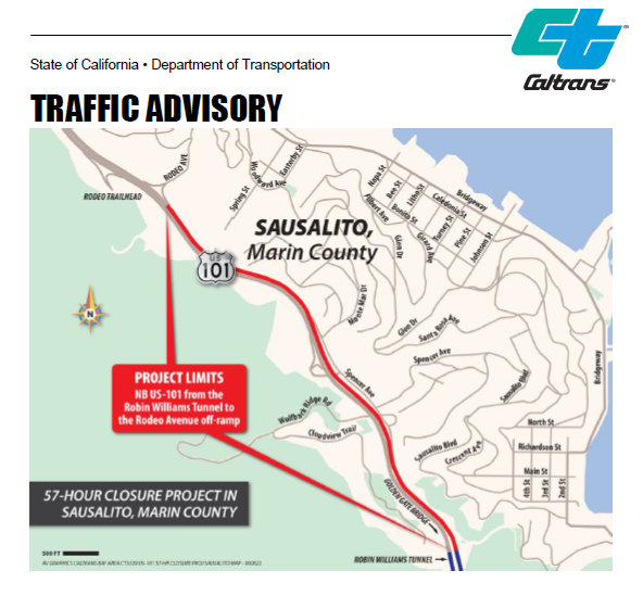 Map showing the project limits for the 57 hour closure on Northbound Highway 101 beginning on July 8, 2022. Northbound Highway 101 will be closed between the Robin Williams Tunnel and Rodeo Avenue offramp..