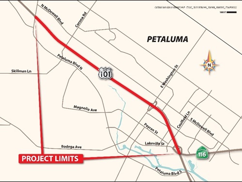 Map showing the project limits of the Petaluma Widening Project. The Petaluma Widening Project adds carpool lanes to a four-mile stretch of Highway 101 between Lakeville Highway and Old Redwood Highway in Sonoma County.