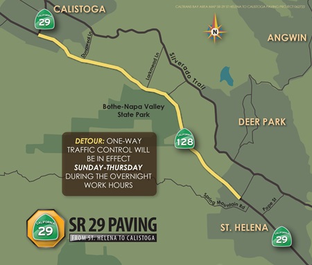 Map showing the project area for the State Route 29 road repair project between the City of St. Helena and the City of Calistoga. 