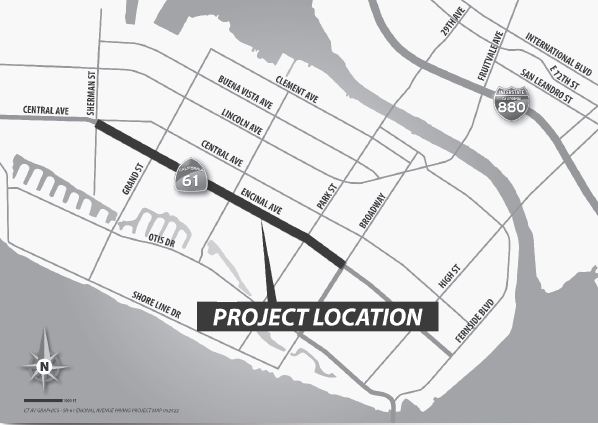 Map showing location of where Caltrans is scheduled to begin repaving and making other improvements to Encinal Avenue (SR-61) between Broadway and Sherman Street in Alameda.